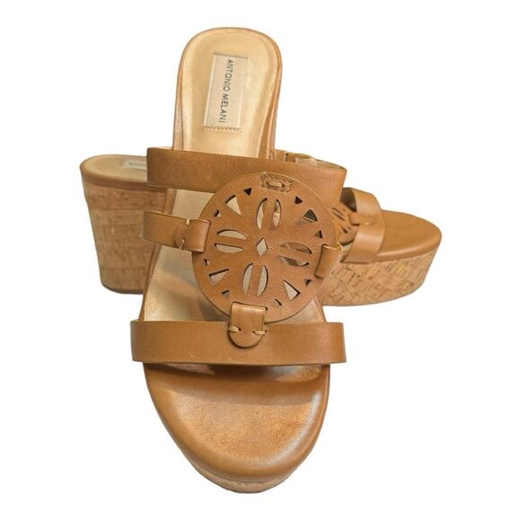 Antonio Melani Cork Heel Brown Leather  Platform‎ Wedges Size 8.5 - Picture 1 of 11